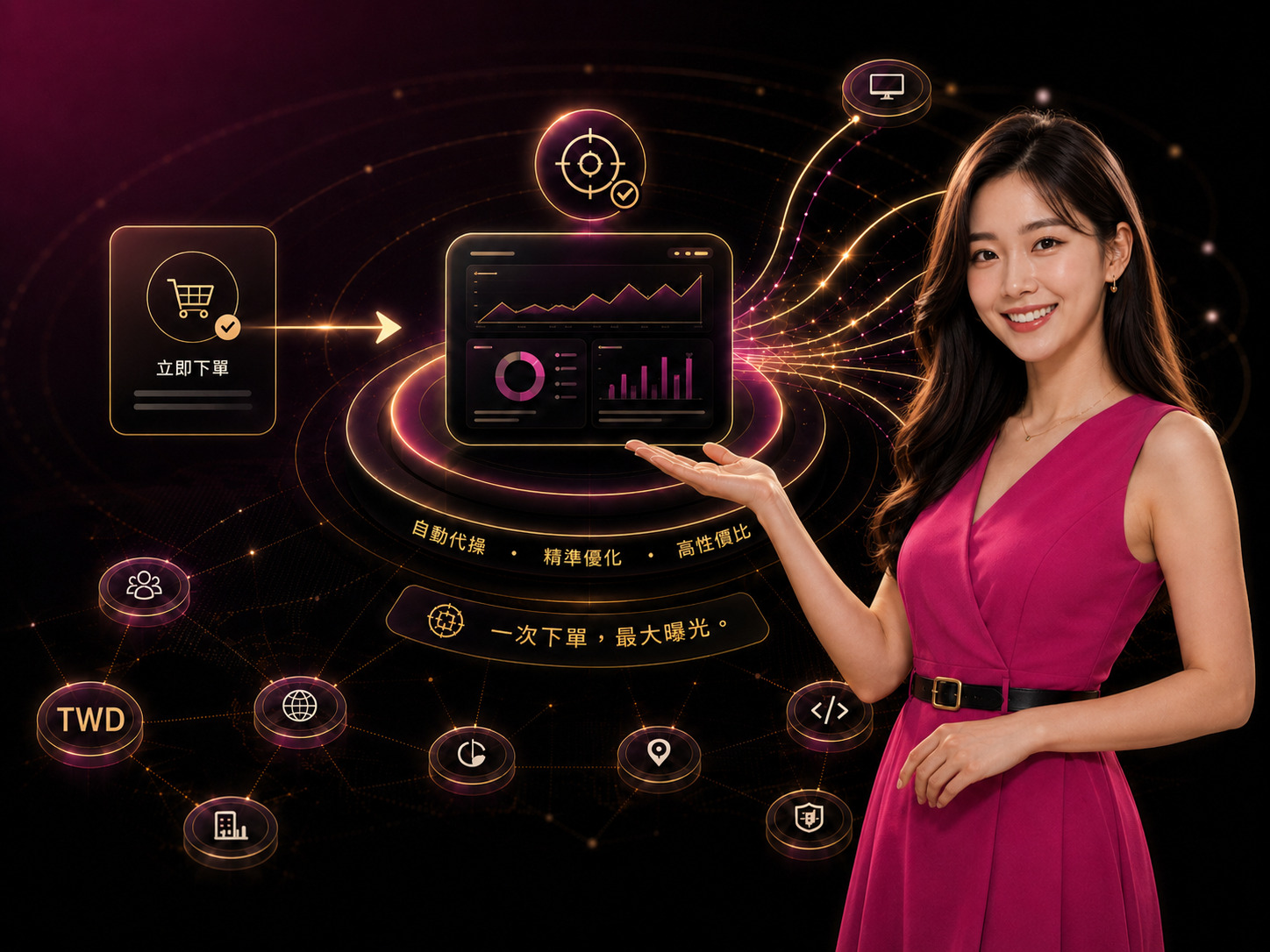 BuyAdClicks 服務特色、落單流程及成效儀表板示意圖