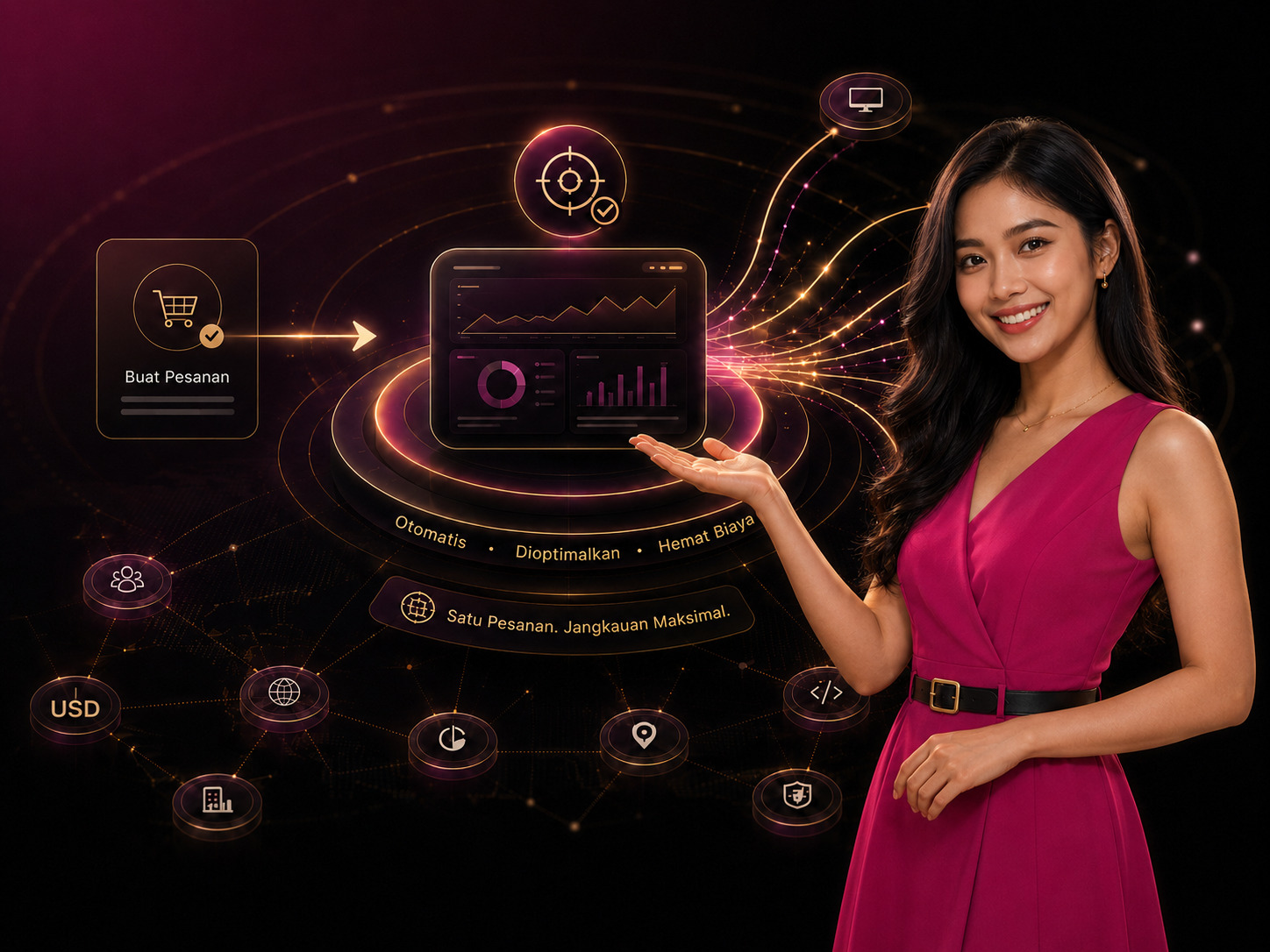 Ilustrasi ciri layanan BuyAdClicks, alur pesanan dan dashboard kinerja