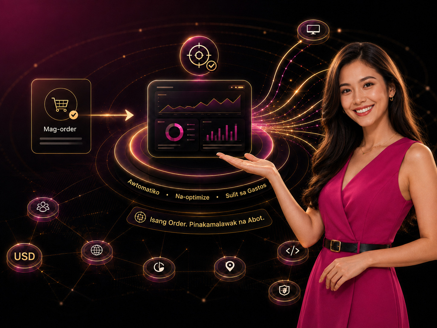 Illustration of BuyAdClicks service features, order flow, and performance dashboard