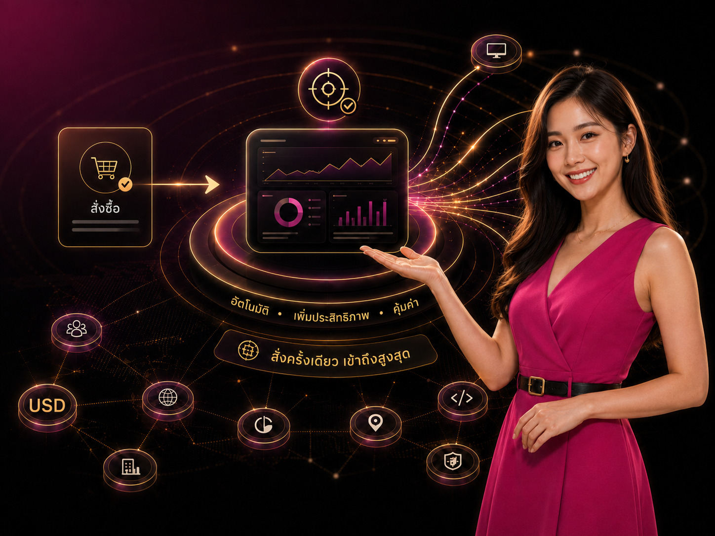 ภาพประกอบจุดเด่นบริการ BuyAdClicks ขั้นตอนสั่งซื้อ และแดชบอร์ดประสิทธิภาพ