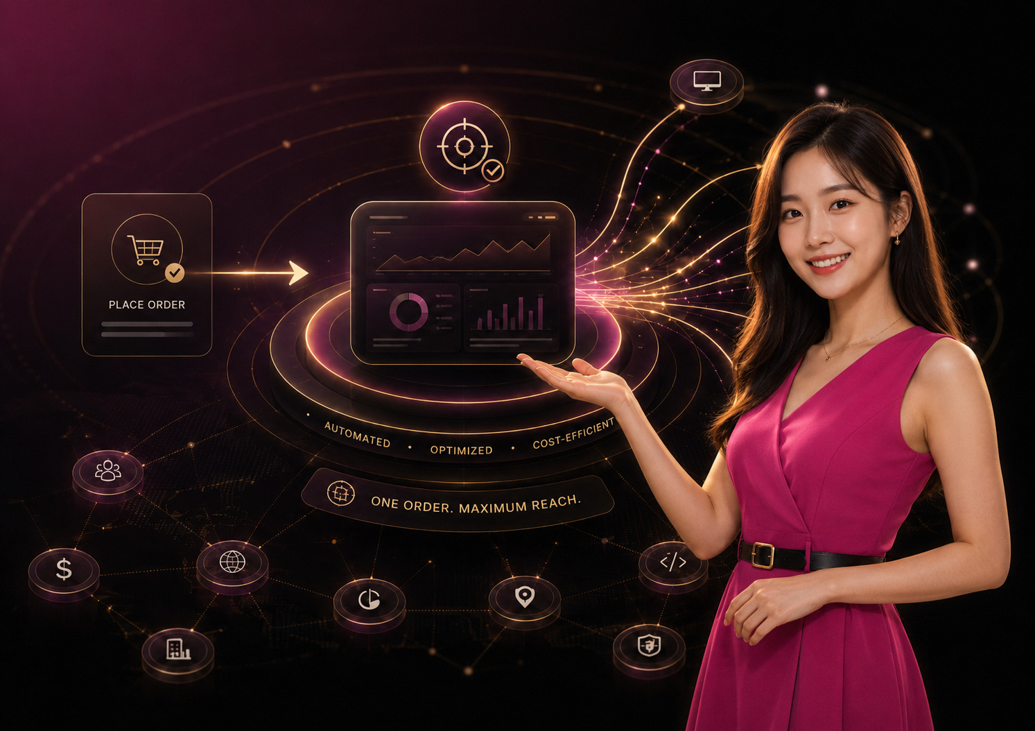 BuyAdClicks 服務特色、下單流程與成效儀表板示意圖