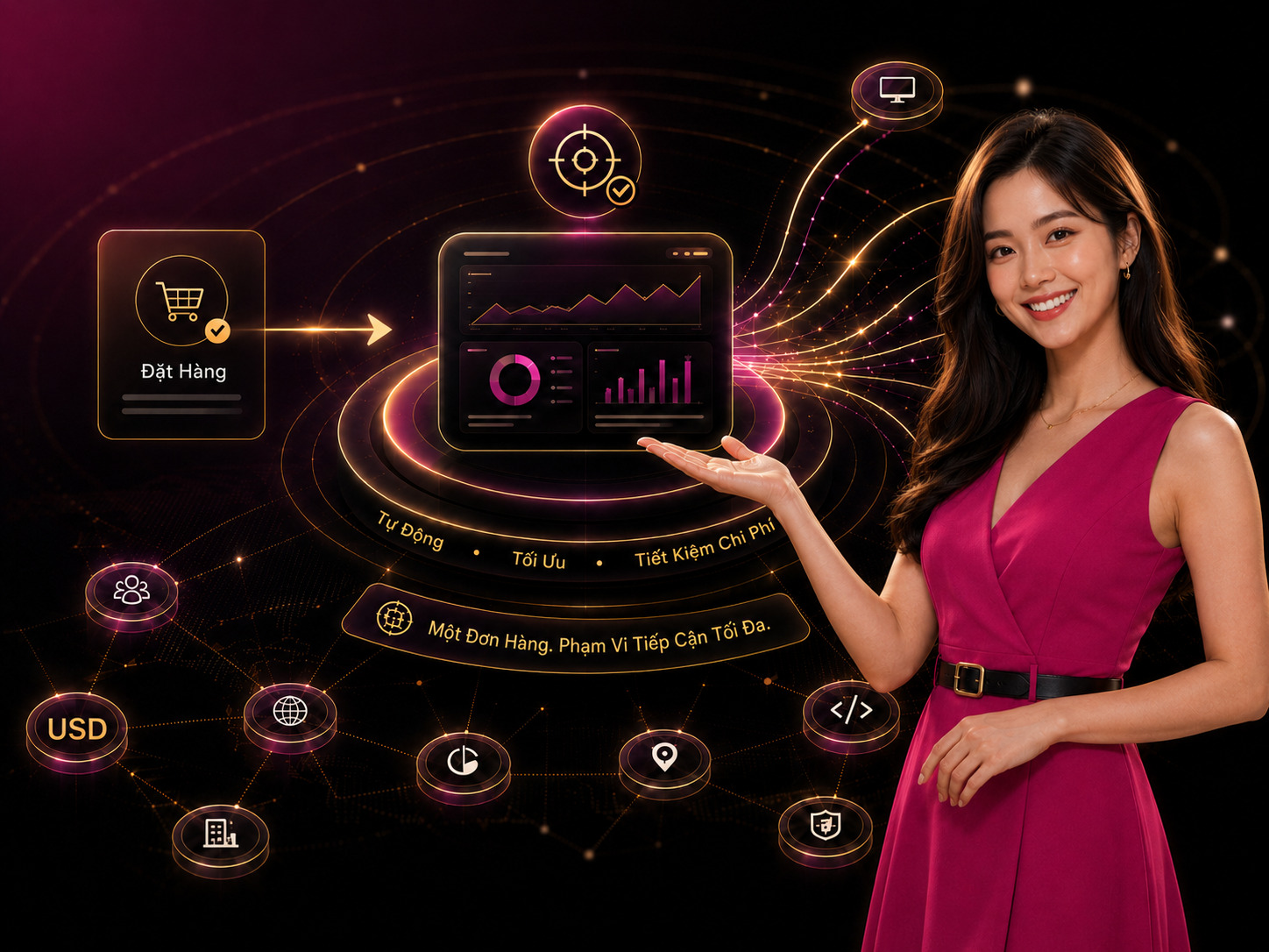 Minh họa tính năng dịch vụ, quy trình đặt hàng và bảng điều khiển hiệu quả của BuyAdClicks