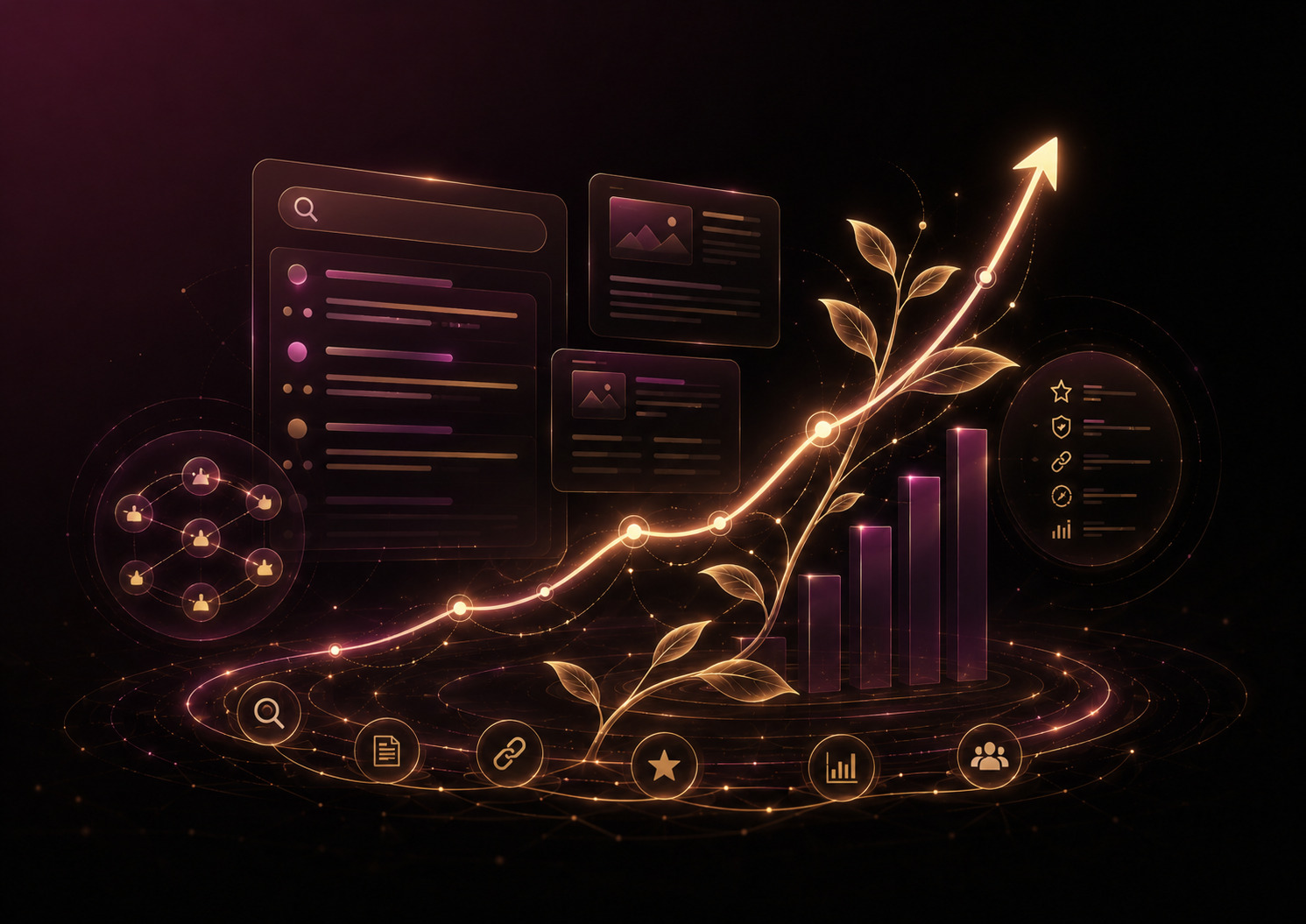 Illustration of an SEO organic traffic growth curve and search visibility