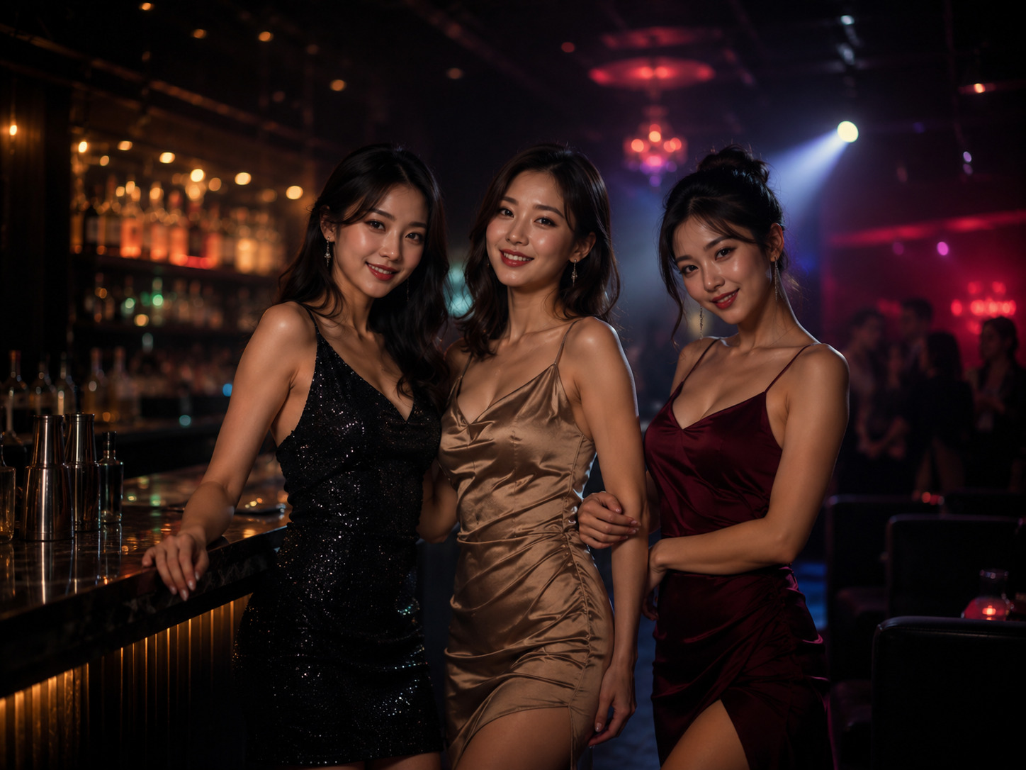 Illustration of a nightlife street, bar counter, and mobile reservation page